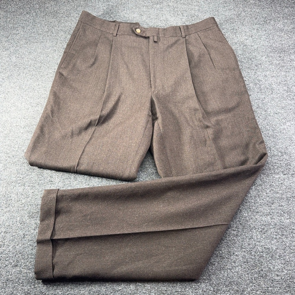 Mens Brown Pleated Cuffed Wool Dress Pants Trousers Double Pleated 38x34